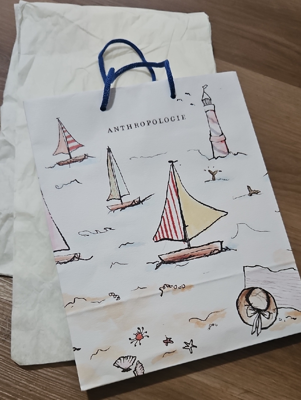 Anthropologie Small Shopping Bag - Blue Handles & Pastel Sails